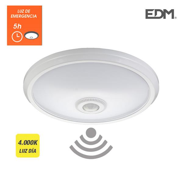 APLIQUE DE SUPERFICIE CON SENSOR Y LUZ DE EMERGENCIA IP20 1100 LUMENS 16W 30 LEDS 4.000K LUZ DIA EDM